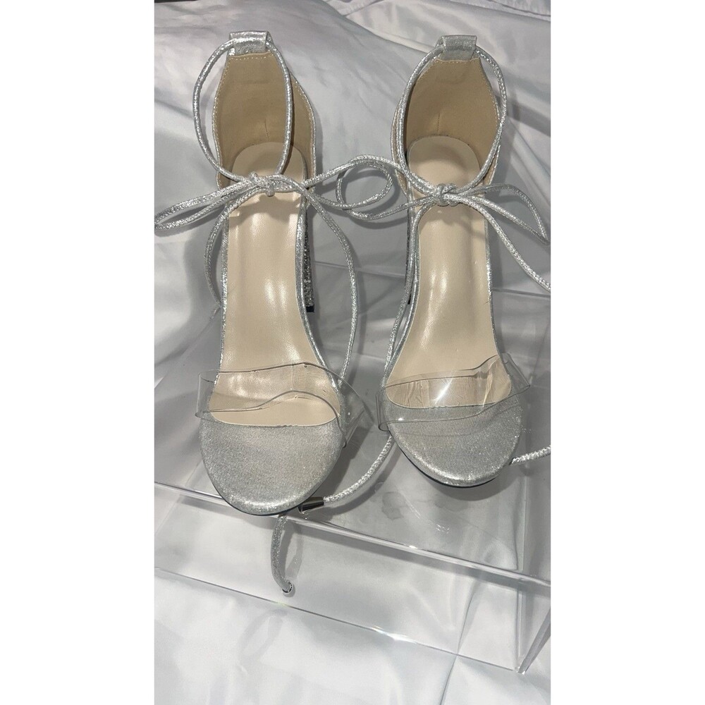 Silver And Glitter Wrap Around Heels With Clear Toe Strap Size 42